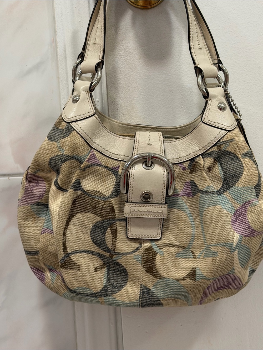 Coach Multicolor Signature Lynn Hobo
 Canvas Shoulder Bag with Ivory Trim
